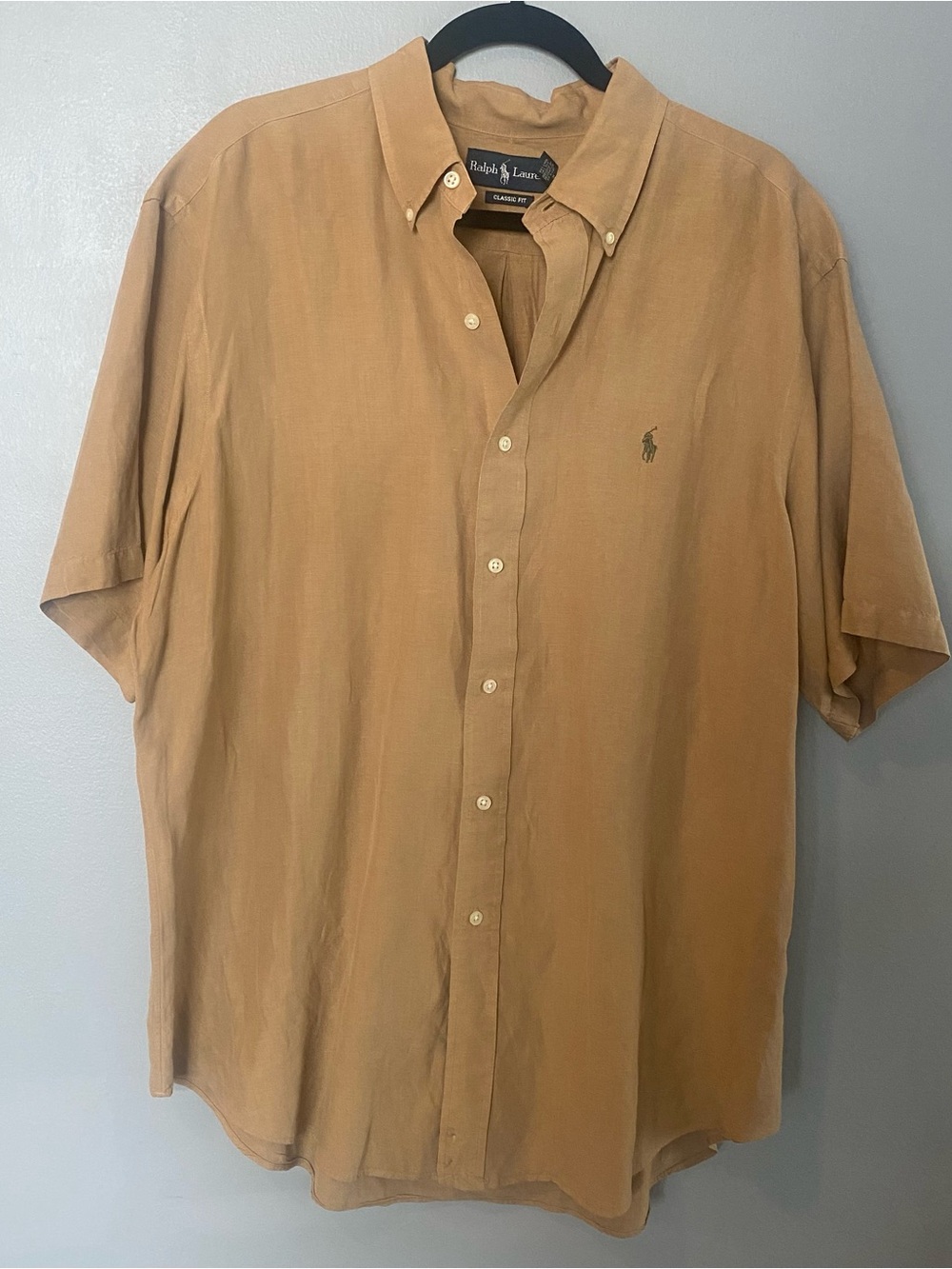 Ralph Lauren Men’s Short-Sleeve Linen Silk blend Button-Down Shirt Camel Tan XL